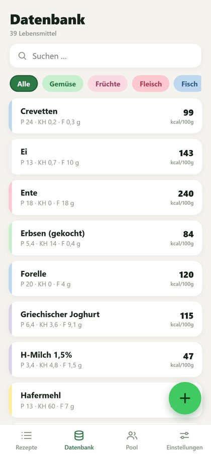 Lebensmitteldatenbank der App mit Suche, Kategorien und Nährwerten je 100 Gramm